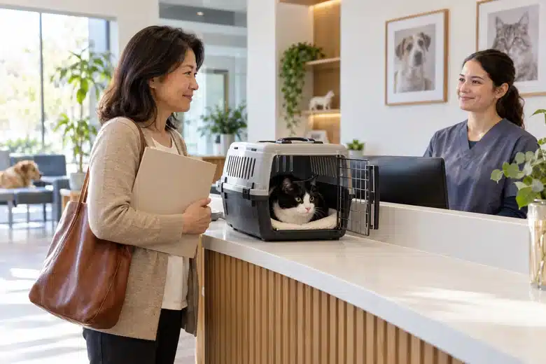 Woman holding a folder at a veterinary reception counter beside a cat in a carrier