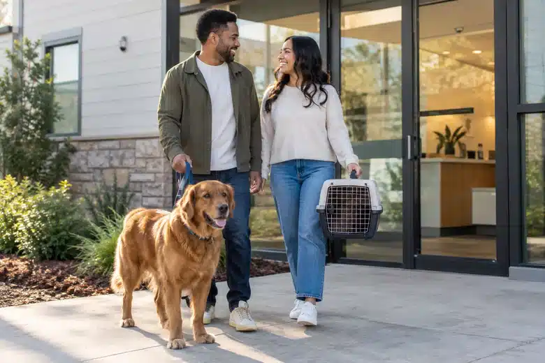 Couple outside a neighborhood veterinary practice with dog and carrier