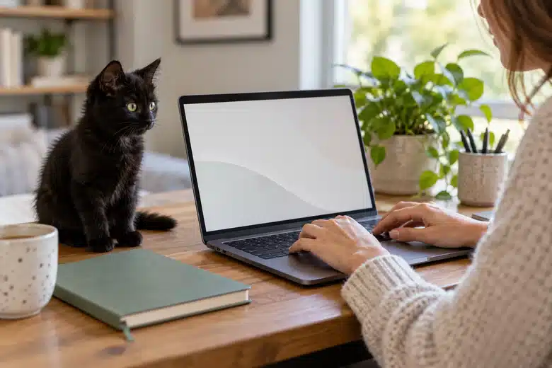 Black kitten beside an owner using a laptop at a home desk