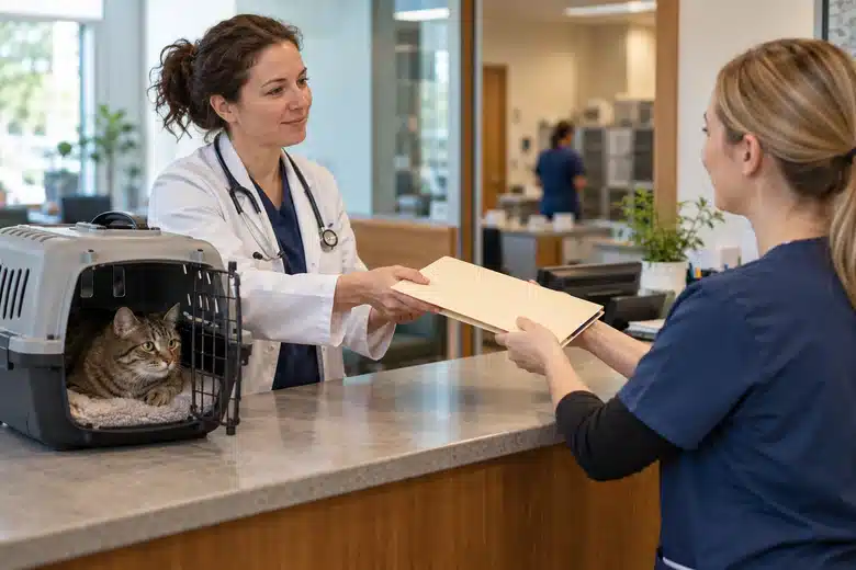 Two veterinary staff coordinating a cat referral at reception