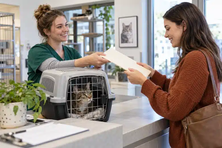 Adopter receiving a plain records folder beside a secure tabby cat carrier at a shelter