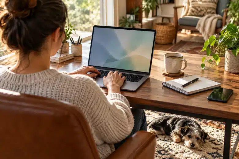 Owner using a laptop while a small dog rests beneath the desk