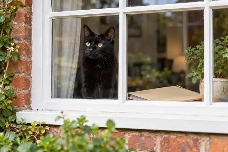 Black cat looking through a brick-home window