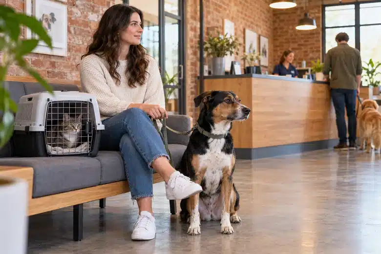 Pets and an owner wait in a veterinary reception area