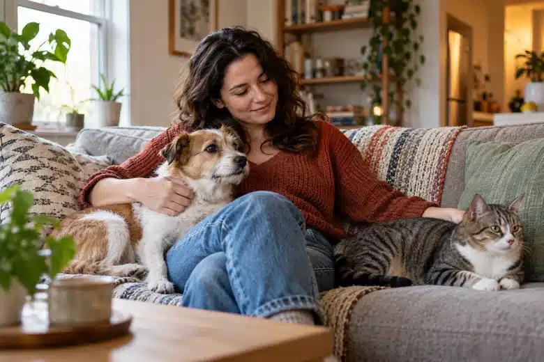 Woman with a small dog and a cat on a sofa in a modest warm apartment
