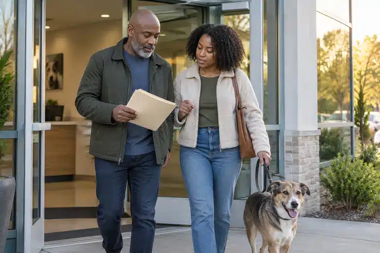 Two adults discussing a plain folder outside a veterinary clinic with a mixed-breed dog