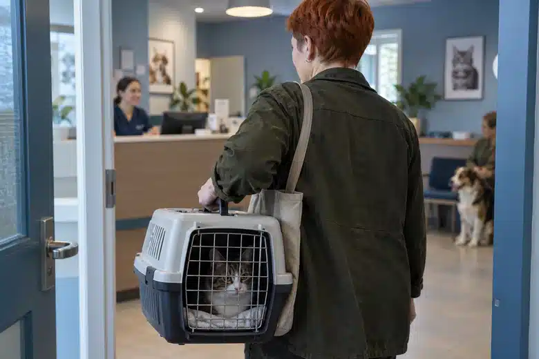 Pet owner carrying a cat carrier into a veterinary reception