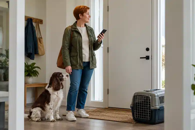 Woman with short red hair holding a phone in an apartment entryway with a spaniel beside her