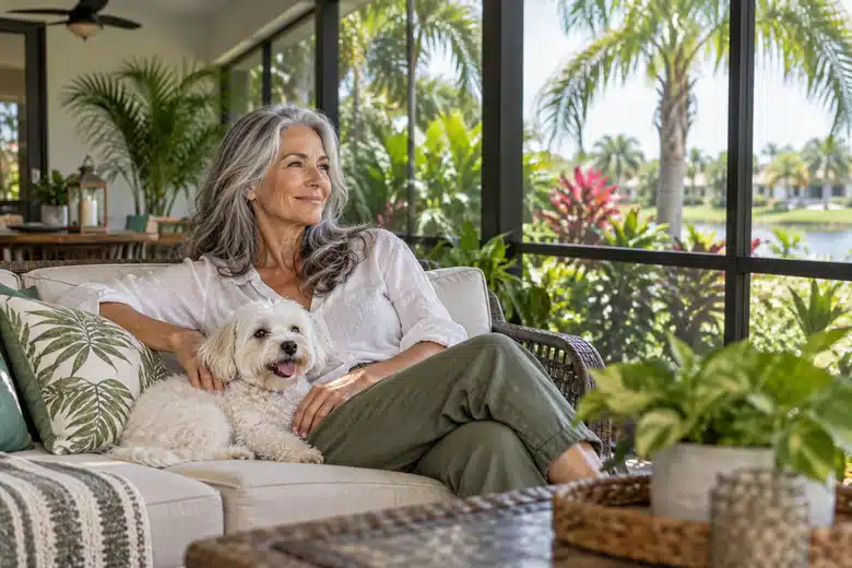 Woman with a small dog on a shaded Florida-style porch