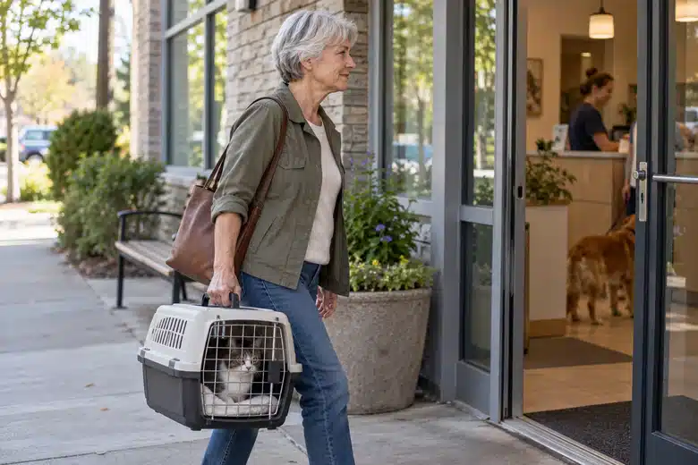 Woman carries a secured cat carrier into a neighborhood veterinary clinic