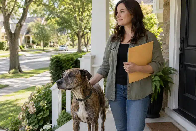 Brindle dog and owner on a generic residential porch