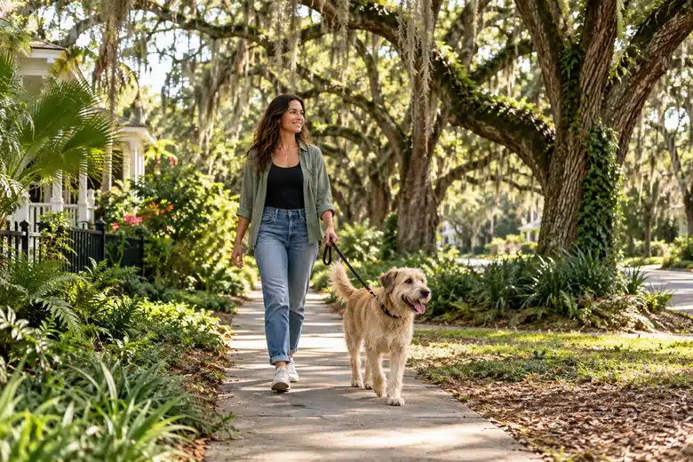 Owner and dog walking beneath live oaks in a North Florida residential scene