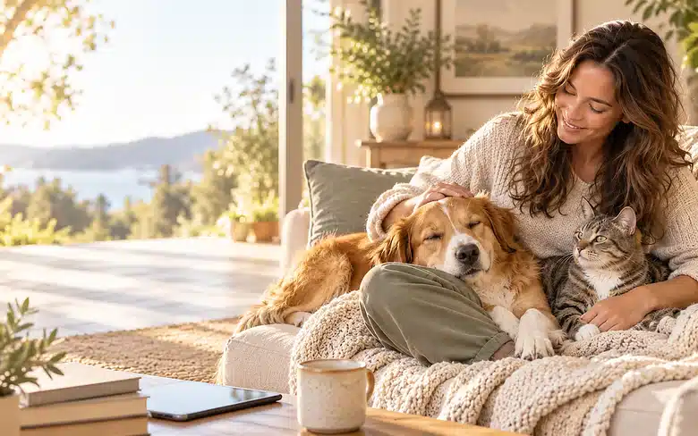 Dog and owner relaxing at home while reviewing insurance papers