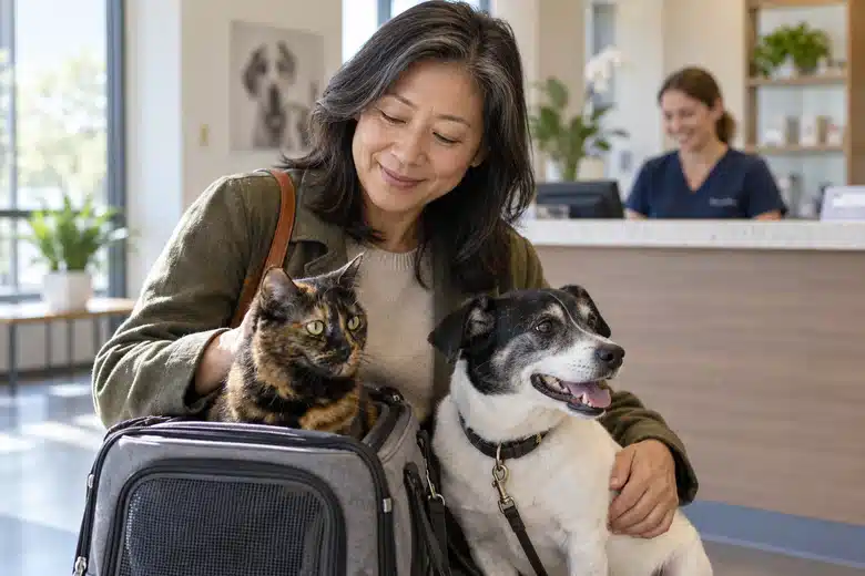 Cat and small dog at a veterinary reception