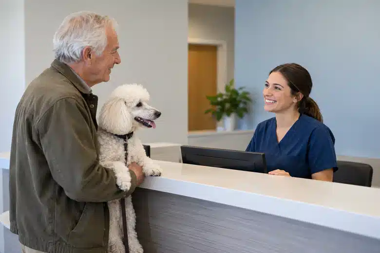 Older owner and poodle speaking with a veterinary receptionist