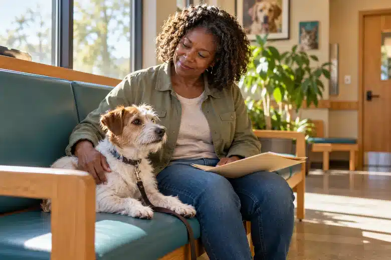 Woman and terrier sitting on a veterinary waiting-room bench