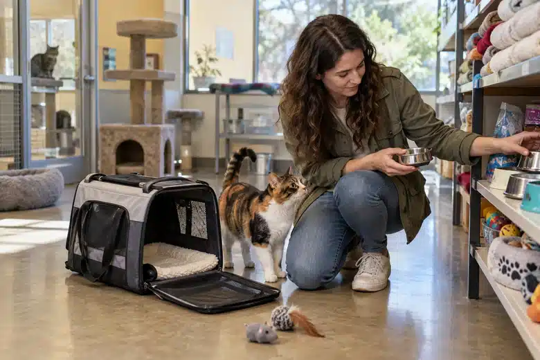 Adult preparing supplies for an adopted cat