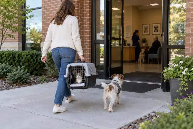 Pet owner arriving at an unbranded neighborhood veterinary clinic with dog and cat carrier