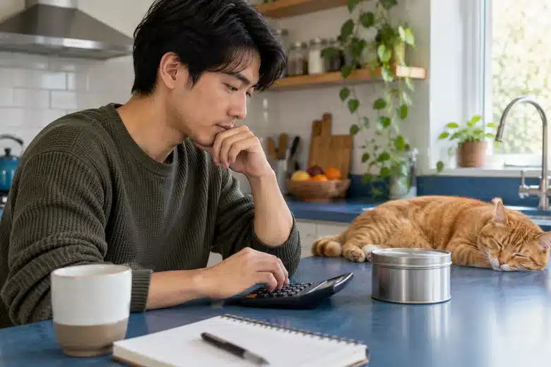 Pet owner considers a calculator and savings tin beside a sleeping cat