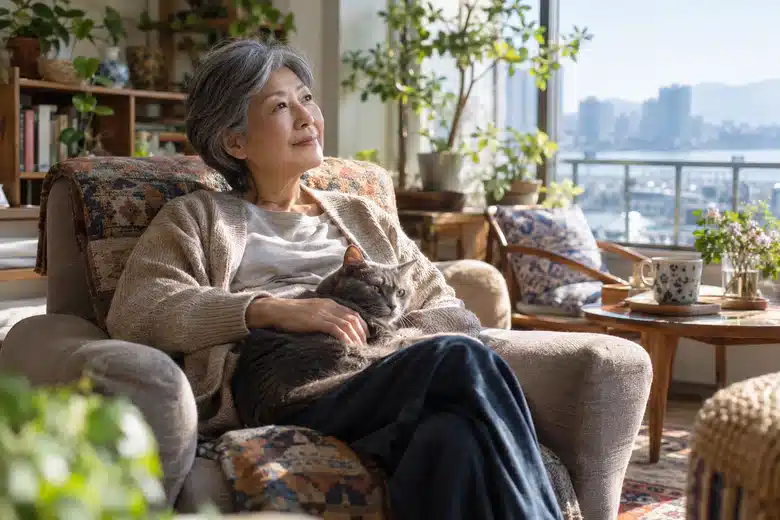 Woman sitting with a grey cat at home