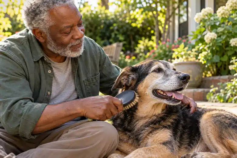 Older owner brushing a dog in a garden