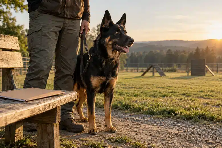 Working dog and handler near a field with a plain folder on a bench