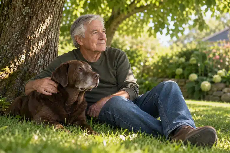 Older man sitting peacefully with a chocolate dog beneath a tree