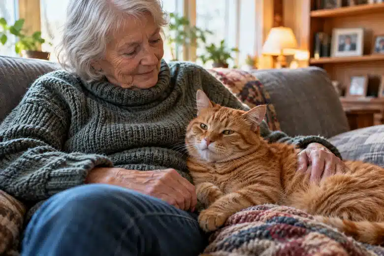 Senior orange cat resting beside an older owner on a sofa