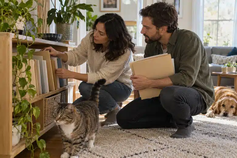 Two housemates sorting unmarked folders with a cat and dog nearby