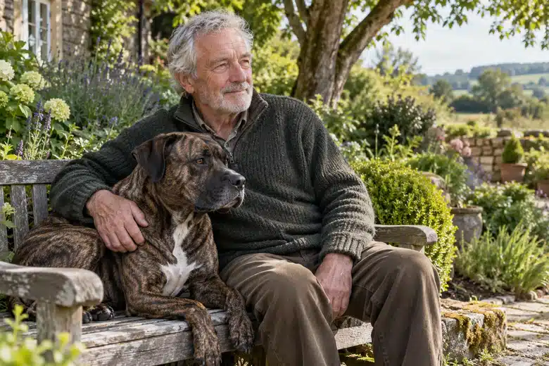 Older owner and brindle dog resting together on a garden bench