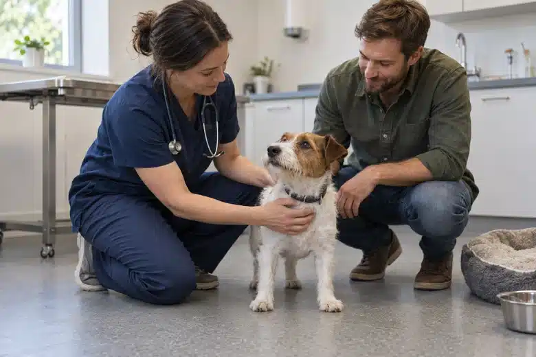 Veterinarian examining a terrier while its owner stays nearby
