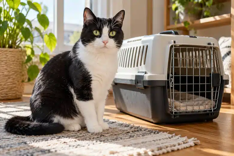 Black-and-white cat sitting next to a closed ventilated pet carrier