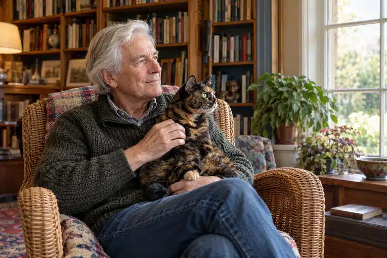 Silver-haired man seated beside a tortoiseshell cat in a sunlit home library