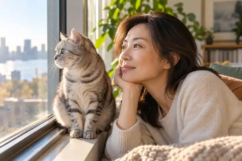 Woman beside a silver tabby cat at a window