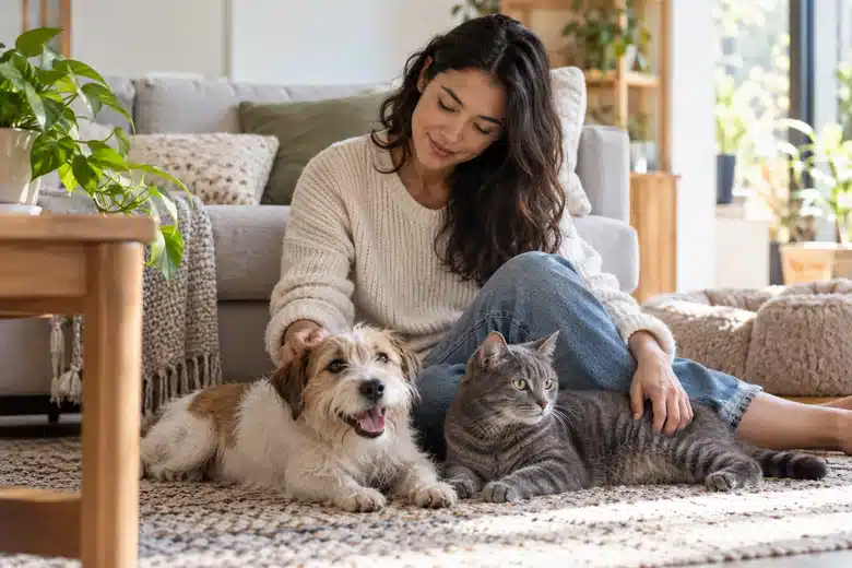 Woman with a terrier and gray cat in a simple bright living room