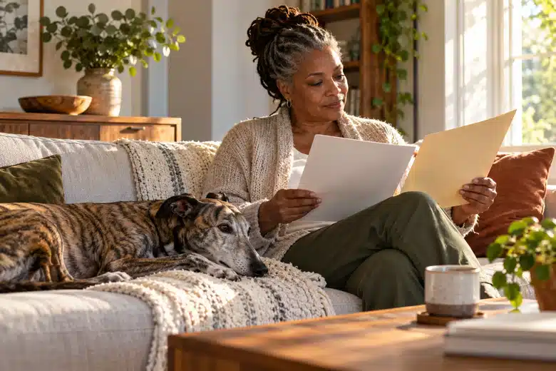 Woman reading plain folders on a sofa beside a resting brindle greyhound
