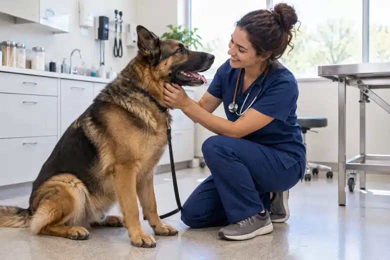 Veterinarian greeting a shepherd dog at floor level