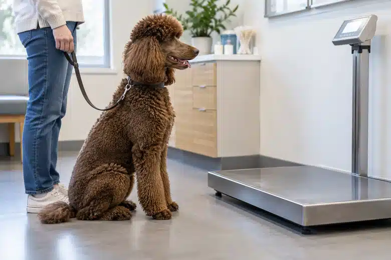 Brown poodle and owner standing beside a veterinary scale