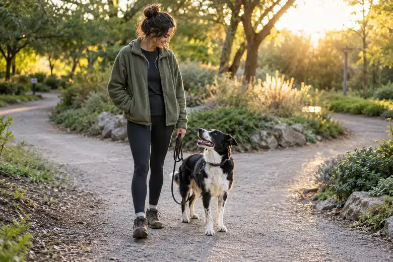 Owner and black-and-white dog pausing at a fork in a park path