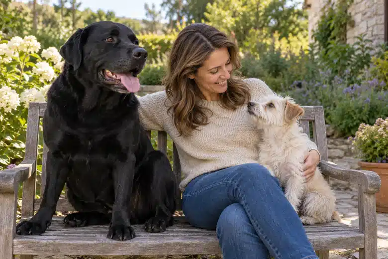 Woman on a garden bench with two dogs of different sizes