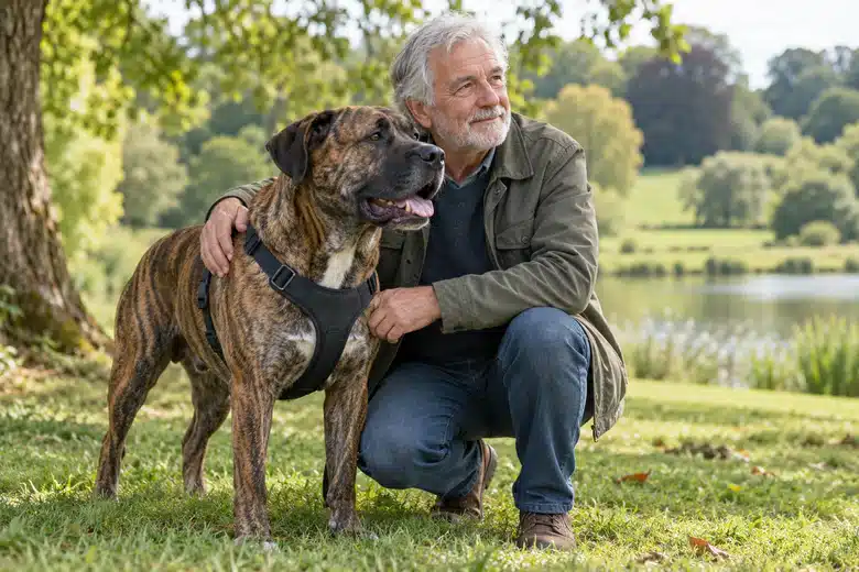 Older owner with a large brindle dog in a green park