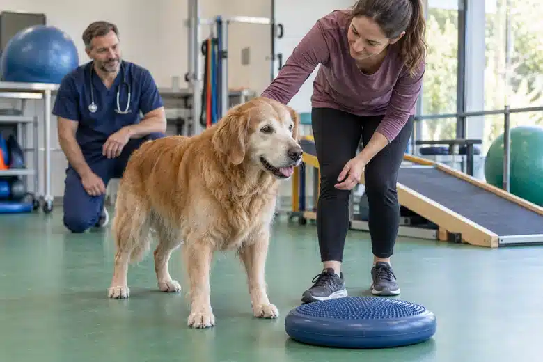 Golden retriever standing beside a padded balance cushion with an owner and veterinarian in a rehabilitation room