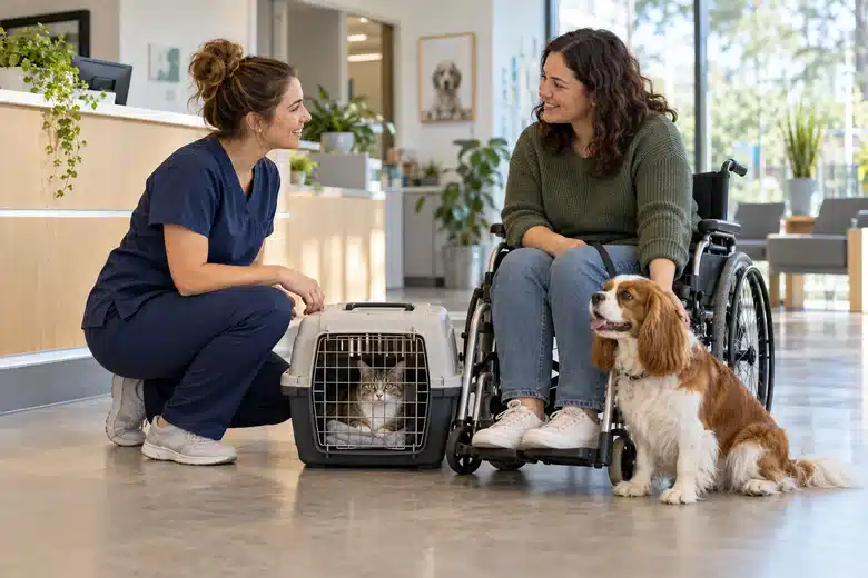 Pet owner speaking with a veterinary receptionist about care logistics