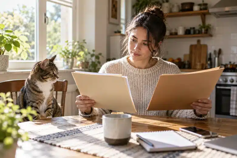 Owner considering two plain folders beside a tabby cat