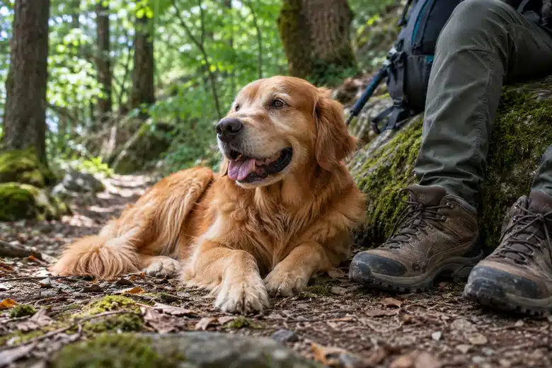 Golden retriever resting beside hiking boots on a wooded trail