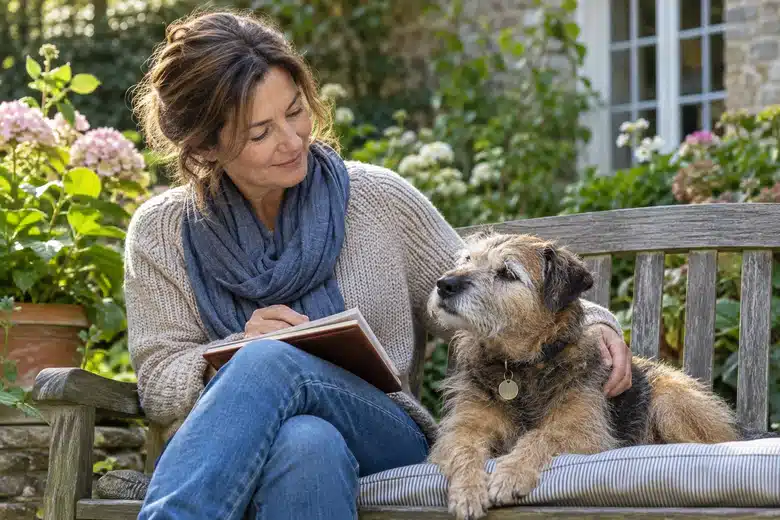 Woman with a senior terrier on a garden bench and a notebook on her knee