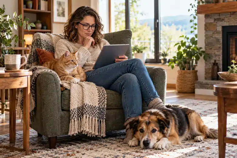 Owner reading a tablet with dog and cat nearby