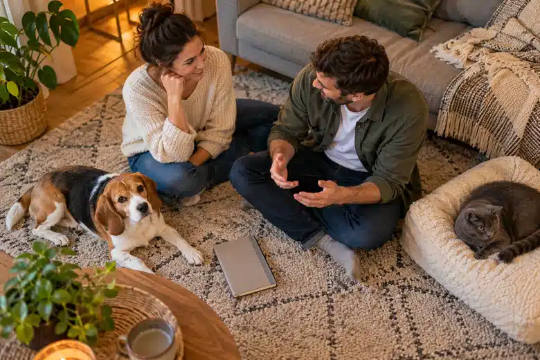 Couple sitting with a beagle and a grey cat in a living room
