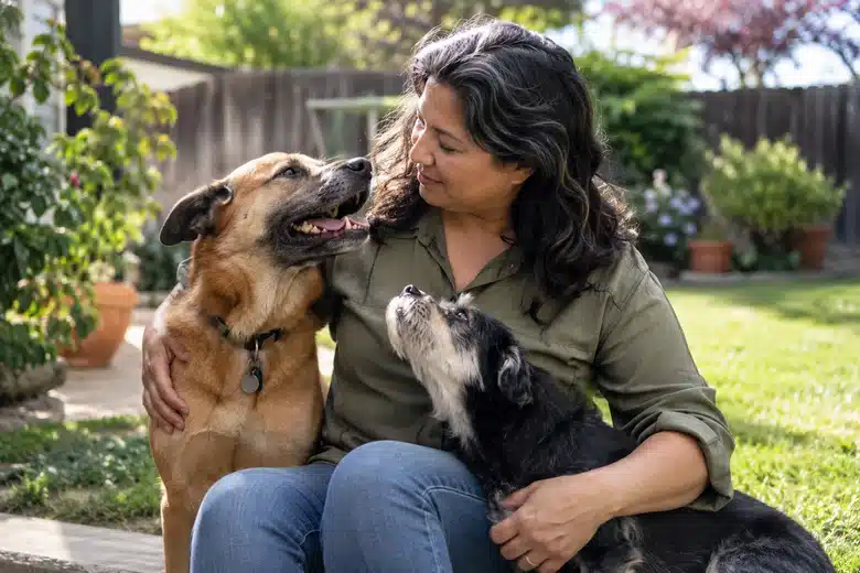 Owner with two dogs in a sunny backyard