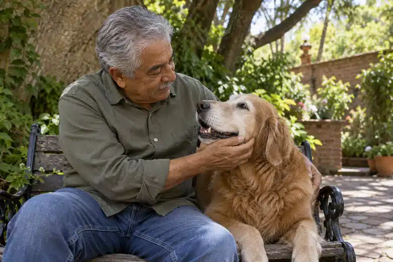 Older man with a senior golden retriever on a garden bench